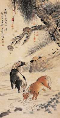 倪田 辛丑（1901年）作 双马封候图 立轴